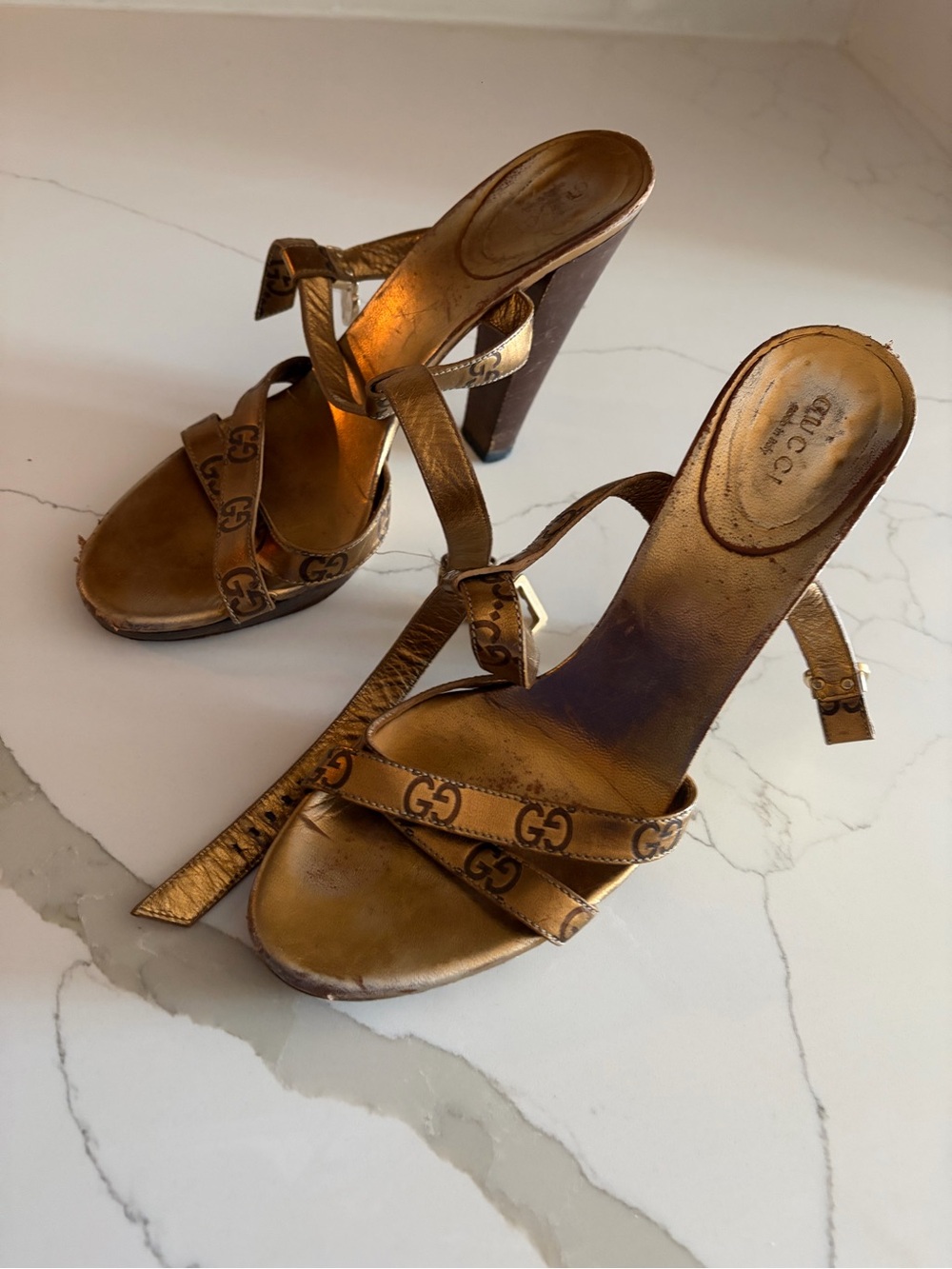 Gucci Metallic Bronze GG Logo Strappy Heels - Picture 2 of 7